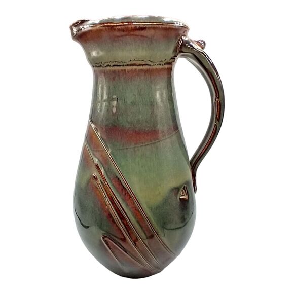 Pottery Pitcher With Applied Handle Green Brown Stamped/Signed Unknown VTG Flaw - Picture 6 of 11